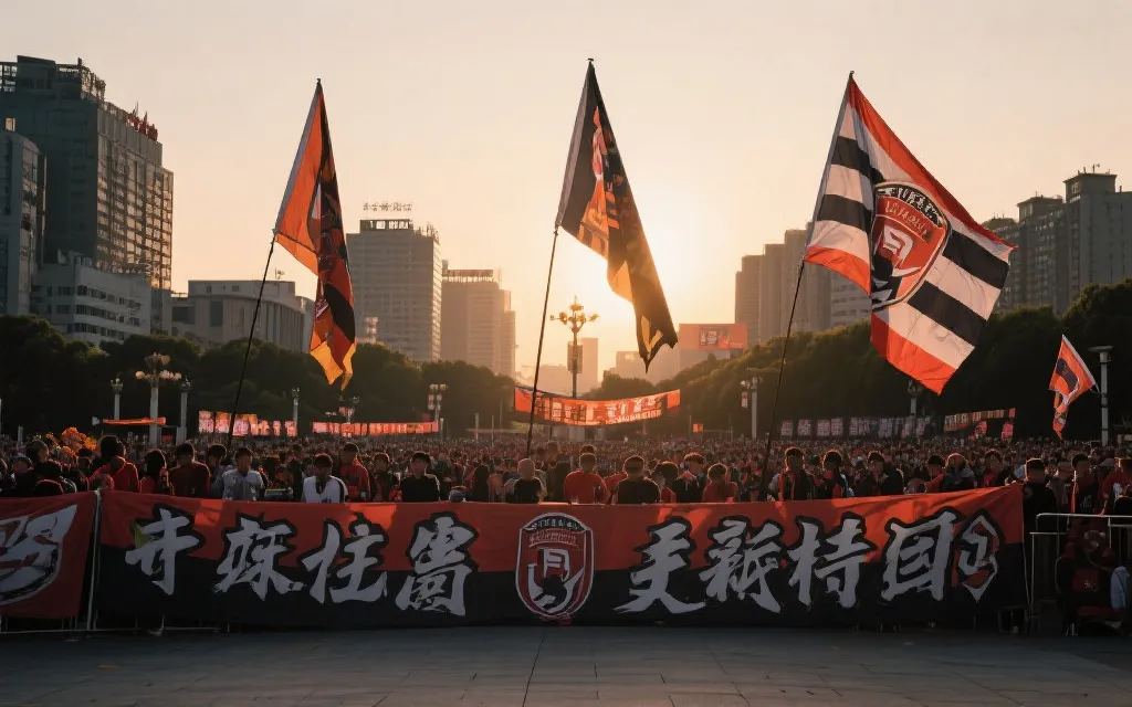 球迷在城市广场布置应援物与观赛横幅，倒计时氛围