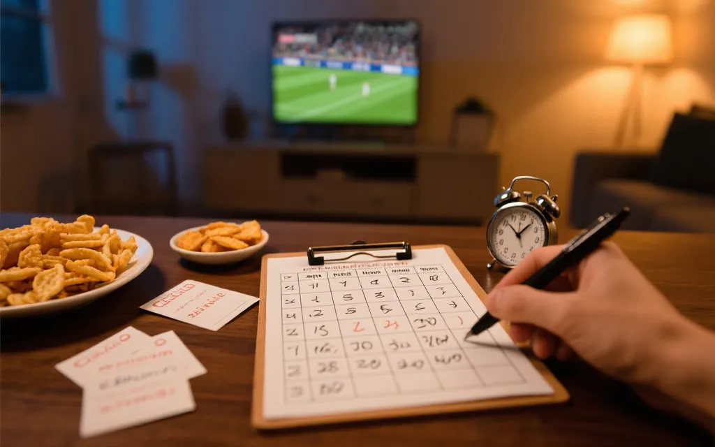 桌面上放着手写竞猜卡与记分表，旁边是观赛零食与计时器